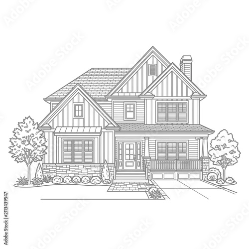 Craftsman style family home exterior line illustration