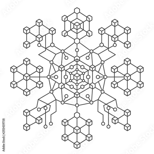 Crystalline modular network structure with isometric cube nodes.