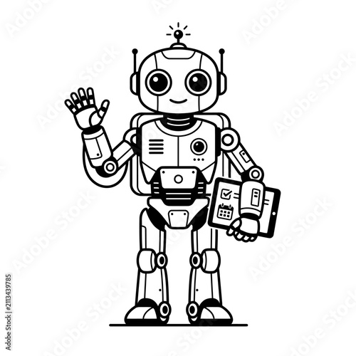 Cute bot waving and holding calendar tablet.