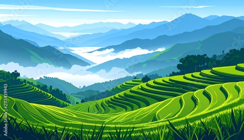 Verdant Rice Terraces in Misty Mountain Valley Landscape.