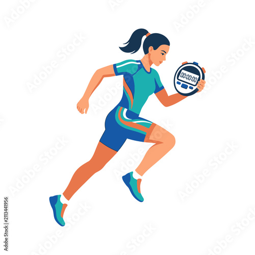 Athletic Woman Running With Stopwatch For Fitness And Sport