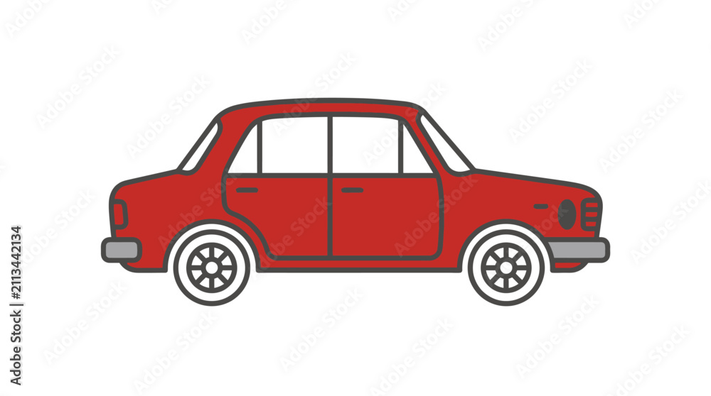 Fototapeta premium Vintage red car illustration side profile view.