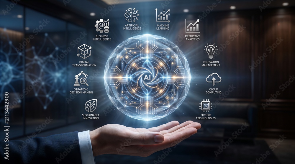 Fototapeta premium Business Hand Presenting Artificial Intelligence Ecosystem for Digital Transformation