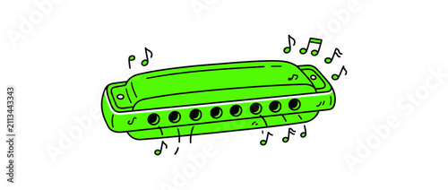 Foto Green Harmonica with Musical Notes