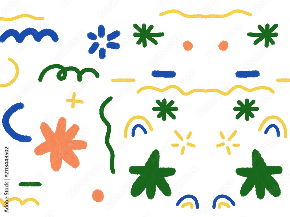 Obraz premium A set of colorful hand-drawn doodle shapes and organic design elements on a transparent background.