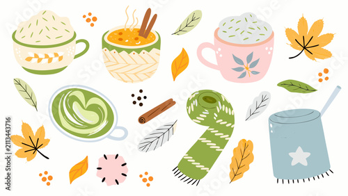 Autumn matcha drink set with seasonal leaves and scarf vector illustration of cozy fall beverages