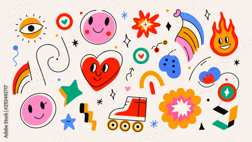 Retro cyber doodles sticker pack with colorful cartoon hearts smiley faces rainbows and funky shapes for digital design