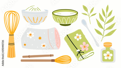 Flat vector set of traditional tea ceremony utensils and accessories including whisks bowls and floral napkins arranged on a white background