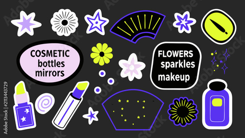 Flat vector set of beauty and skincare promotional icons with cosmetic bottles flowers and makeup elements on dark background
