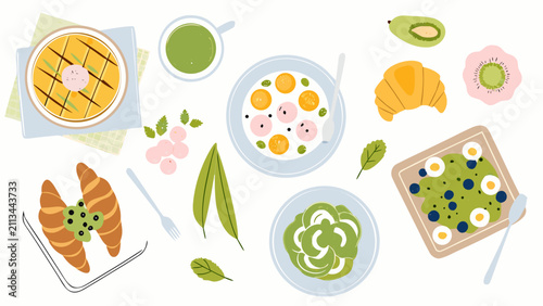 Delicious matcha breakfast spread with pastries fruits and green tea on a white background healthy food concept