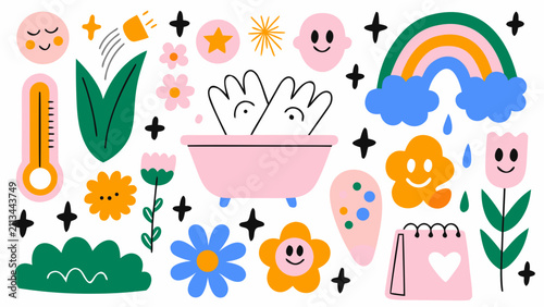 Colorful self care vector set with smiling flowers rainbow and bath tub for relaxation and wellness
