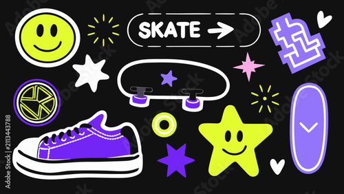 Trendy flat illustration collection of funky skateboarding elements with smiley faces and stars on black background