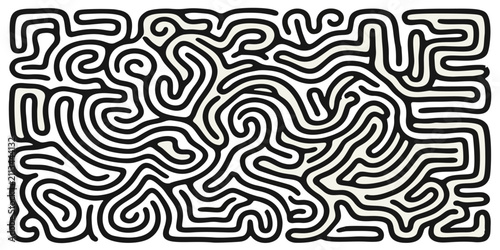 Abstract Monochrome Maze Line Pattern. Hand Drawn Organic Geometric Background