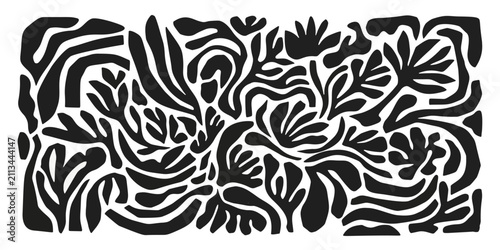 Abstract Botanical Cutout Seamless Pattern with Organic Leaves in Black and White