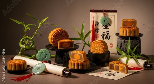 Traditional Mooncakes and Chinese Decorations for Mid-Autumn Festival