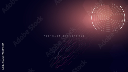 Abstract technology background with HUD target radar circle and diagonal circuit lines.