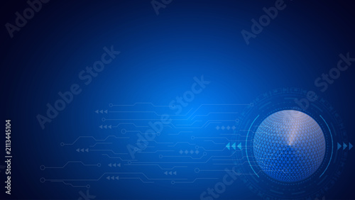 Digital wireframe globe sphere with horizontal circuit lines on blue technology background.
