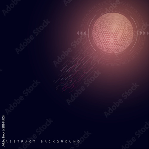 Abstract pink and orange digital technology background with glowing HUD sphere and circuit lines.