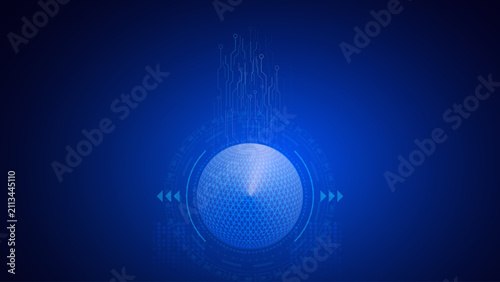Digital wireframe globe sphere with vertical electronic circuit lines on blue technology background.