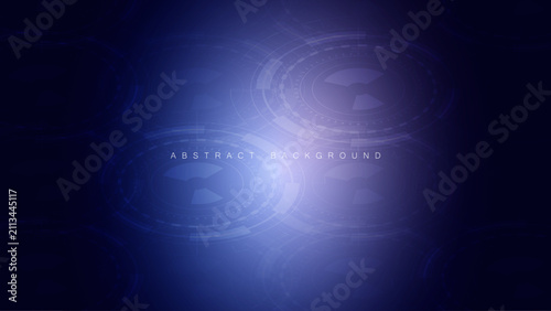 Abstract futuristic HUD circular interface elements on glowing dark blue technology background.