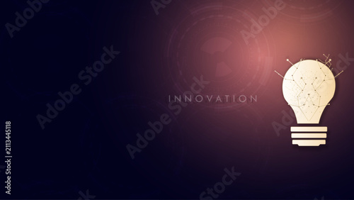 Glowing lightbulb icon with digital circuit lines on dark blue and pink technology background.