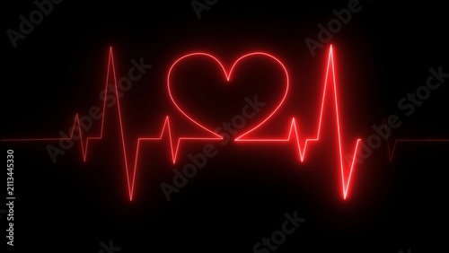 Quadro su tela Bright red neon heart shape combined with a medical heartbeat line signal isolat