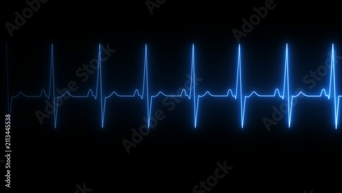 Bright blue glowing heart beat monitor line rhythm isolated on a black background