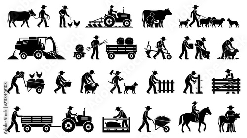 Bild auf Leinwand Farm Life Icons: Agriculture and Animal Husbandry Silhouettes