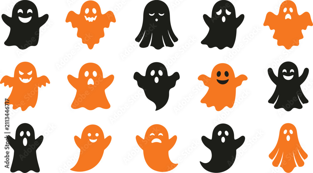 Obraz premium A festive halloween vector bundle featuring a collection of cute black and orange ghost characters for spooky holiday design projects