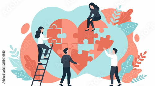 Cuadro en lienzo Teamwork building a heart-shaped jigsaw puzzle, collaboration and unity