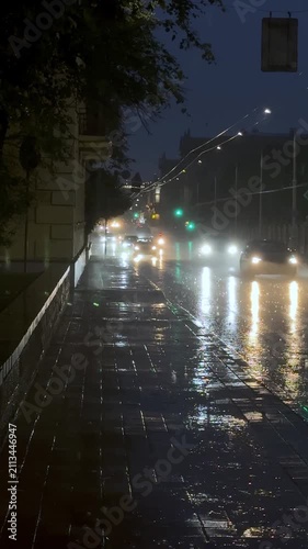 
Night city scene during heavy rain, slow motion raindrops and water streams, reflections of lights on wet asphalt, atmospheric weather and dramatic mood,Vertical 9:16 video: heavy rain at night in th