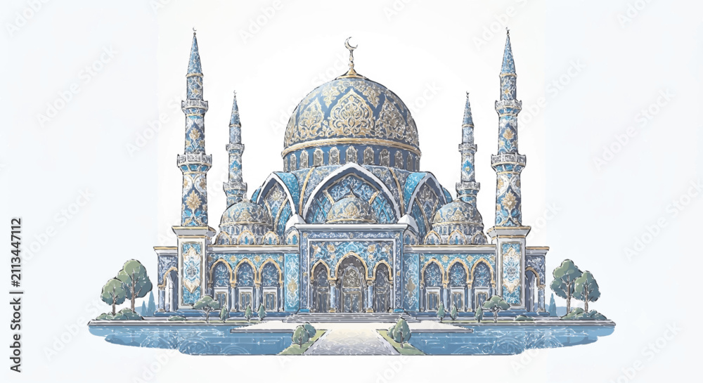 Obraz premium Masjid Agung Garut Vector Illustration | Indonesian Blue Mosque with Dome Minaret and Batik Pattern Isolated