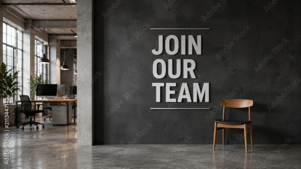 Naklejka premium Modern office wall with join our team text signage and wooden chair in stylish minimalist workspace.