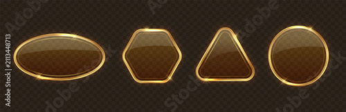 Transparent glass frame with golden border. Elegant button element for premium interfaces, applications and website layouts