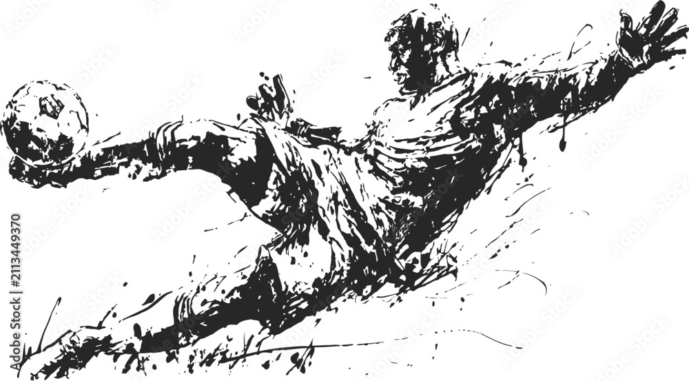 Obraz premium Dynamic soccer goalkeeper diving to catch ball in abstract black ink splatter design