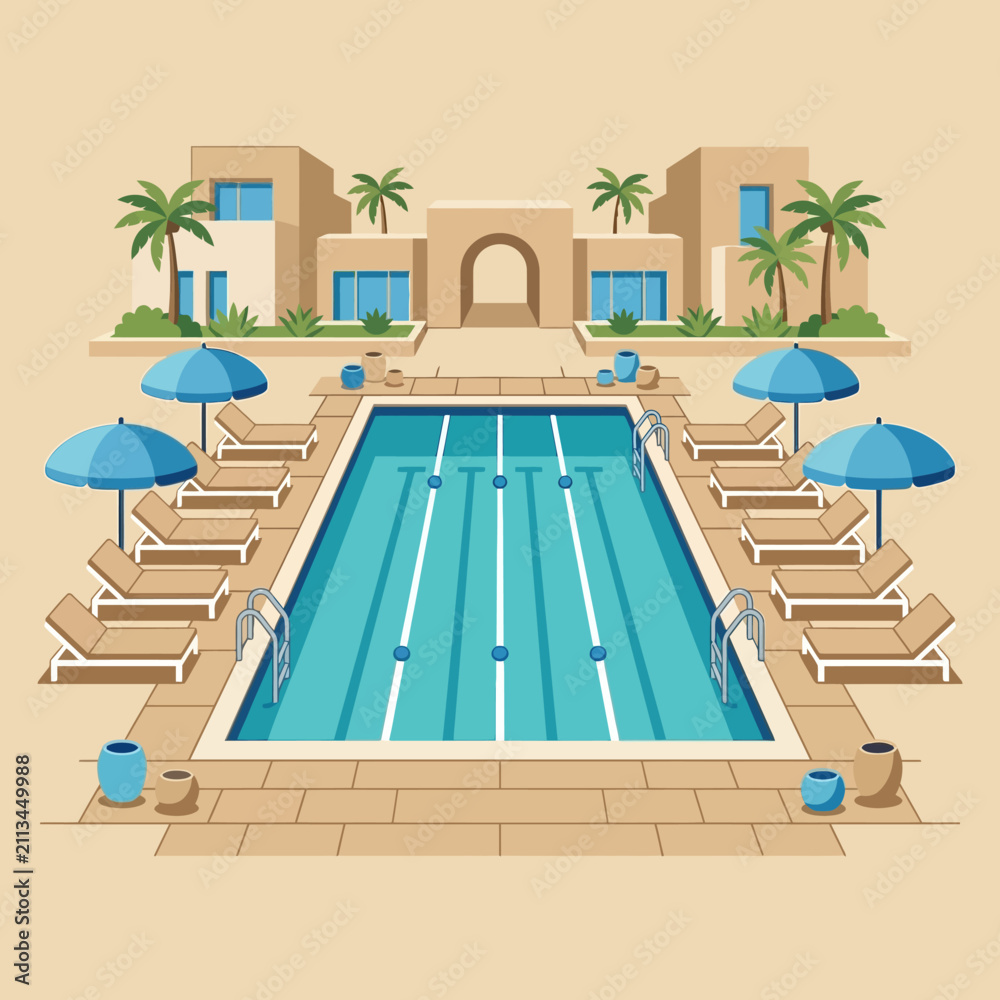 Fototapeta premium Luxury Resort Poolside Oasis With Palm Trees And Modern Buildings