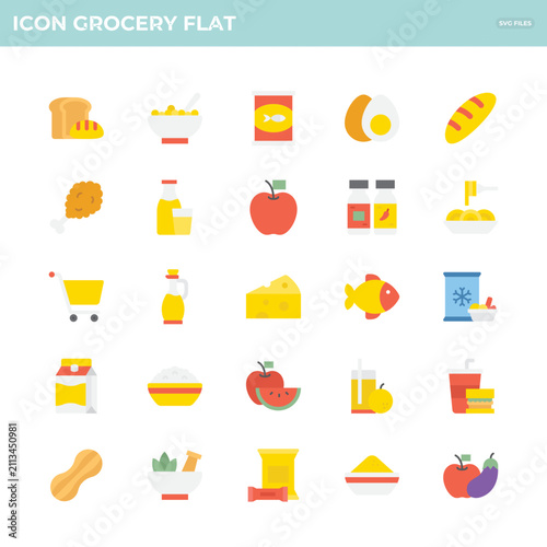 A flat design collection of grocery icons featuring various food items, kitchen essentials, and beverages. Ideal for food-related projects and applications.