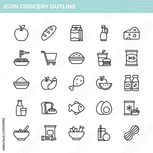 A collection of outlined grocery icons featuring various food and drink items, including fruits, vegetables, and packaged goods. Ideal for digital design projects.