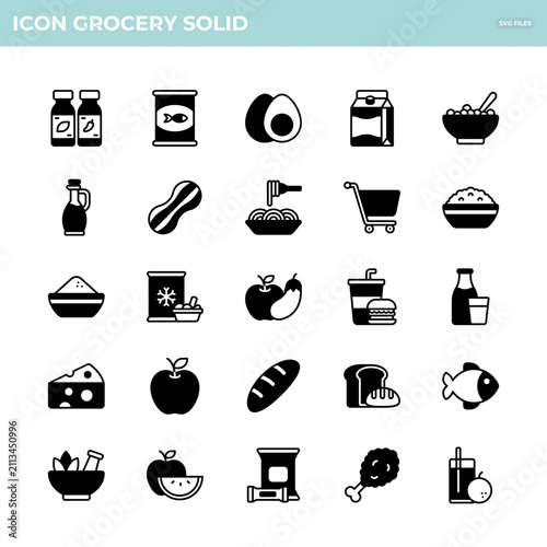 A collection of solid style grocery icons featuring various food and drink items, suitable for digital and print design projects.