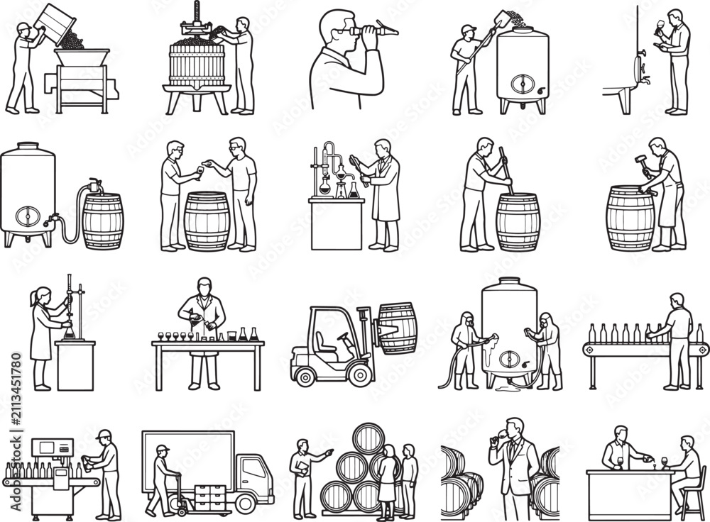Obraz premium A collage of line art illustrations depicts various stages of the winemaking process, from grape crushing and barrel fermentation to bottling and shipping.