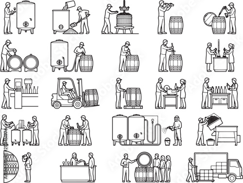 A collection of line art illustrations depicting the various stages of industrial wine production, from grape harvesting to bottling and shipping.
