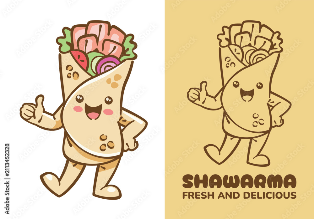 Fototapeta premium Cute cartoon character of a shawarma wrap, smilingly poses with a thumbs-up