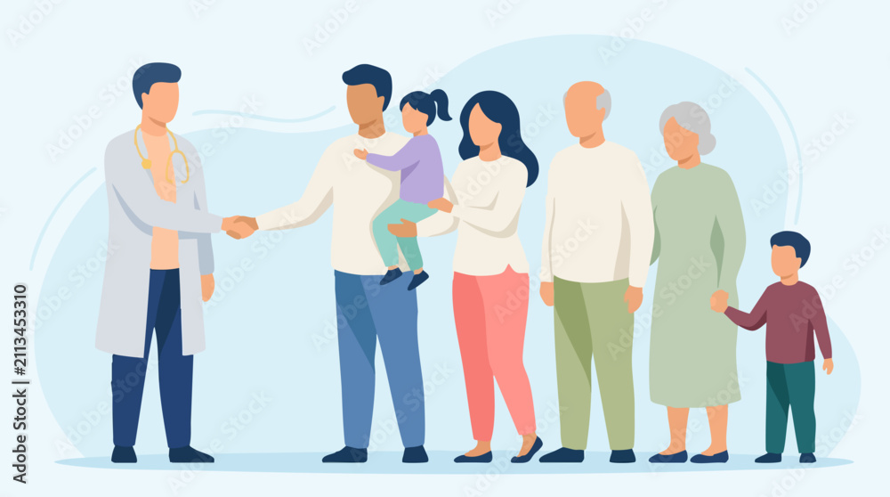 Obraz premium Doctor shaking hands with multi-generational family in medical consultation.