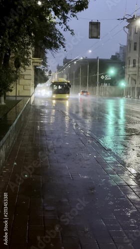 
Night city scene during heavy rain, slow motion raindrops and water streams, reflections of lights on wet asphalt, atmospheric weather and dramatic mood,Vertical 9:16 video: heavy rain at night in th