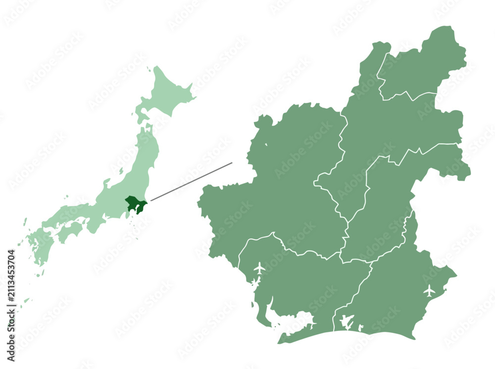 Fototapeta premium Shizuoka Prefecture Map Highlighted on Japan Map with Detailed Municipality Borders
