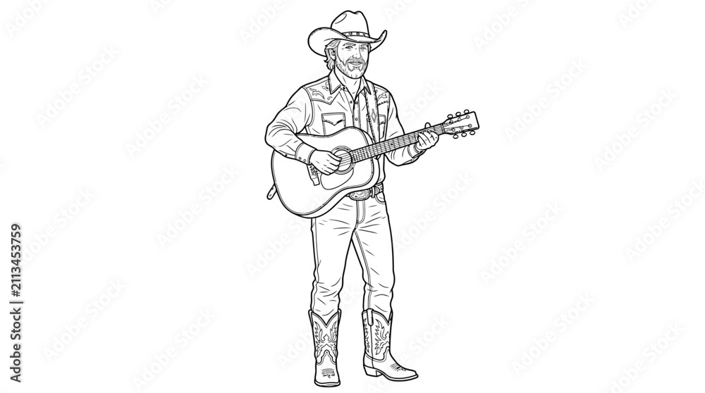 Fototapeta premium Country Music Cowboy Playing Acoustic Guitar Line Art Vector Illustration for Coloring Page, Western Singer Isolated on White Background