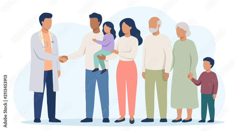 Fototapeta premium Doctor shaking hands with father as multi-generational family stands by, healthcare support.
