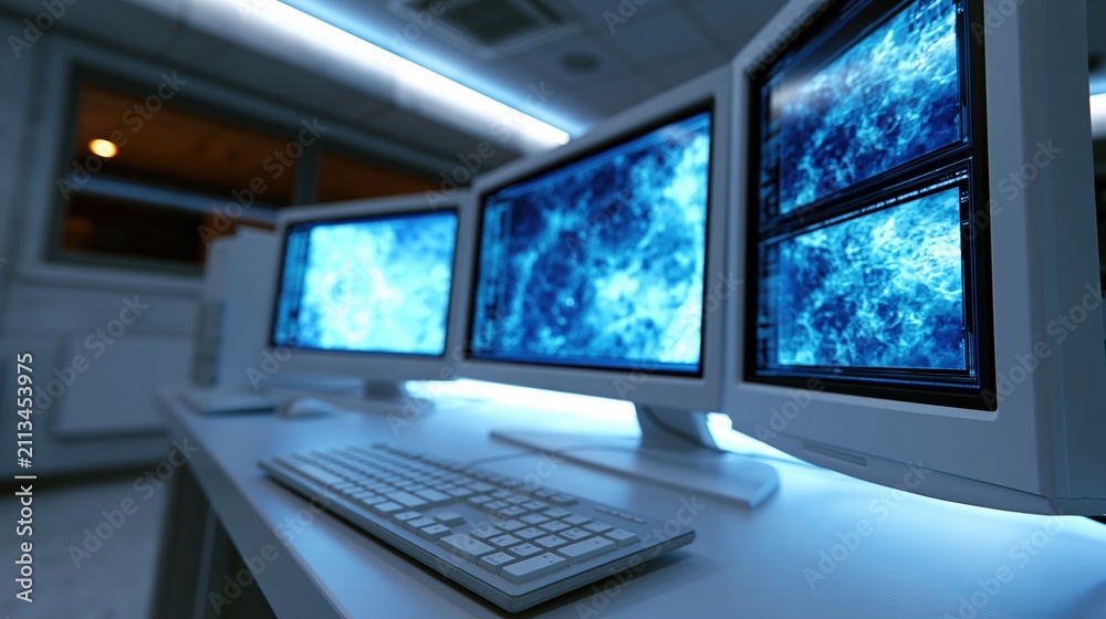Fototapeta premium AI research workspace with blank monitors displaying abstract anomaly clusters