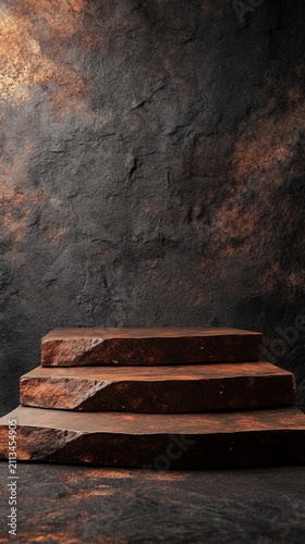 Rustic stone steps against a weathered, textured wall create a dramatic backdrop for product photography or artistic compositions.