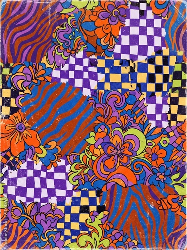 Retro 70s psychedelic floral and checkerboard collage pattern